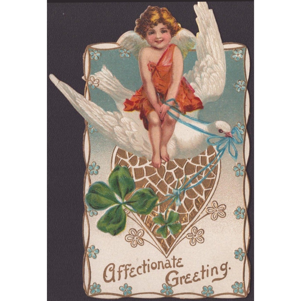 Antique Die Cut Greeting Card Cupid Riding Dove Four Leaf Clover Affectionate